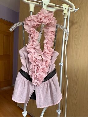 bebe Pink Ruffle Halter Top with Black Waistband Detail
